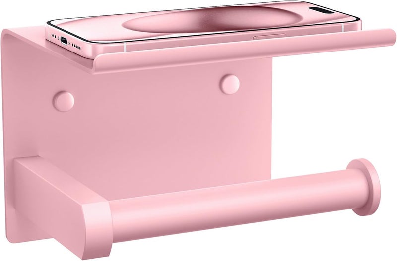 Tindbea Toilet Paper Holder with Phone Shelf, Adhesive or Screw Wall Mount Toilet Tissue Roll Holder, Rustproof & Multifunctional Stainless Steel Bathroom Storage Dispenser (Blush Pink) - Image 1